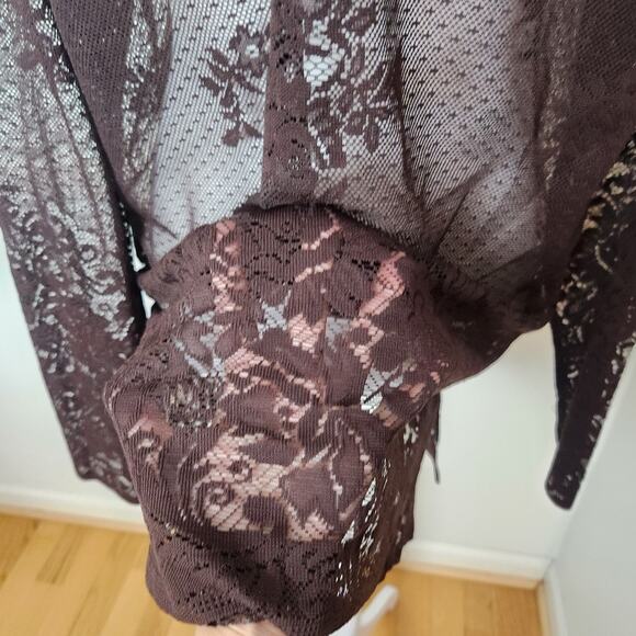 Vtg Y2K NY & Co Shirt Sz Large Womens Tunic Top Sheer Brown Mesh Lace WhimsiGoth - Picture 9 of 11